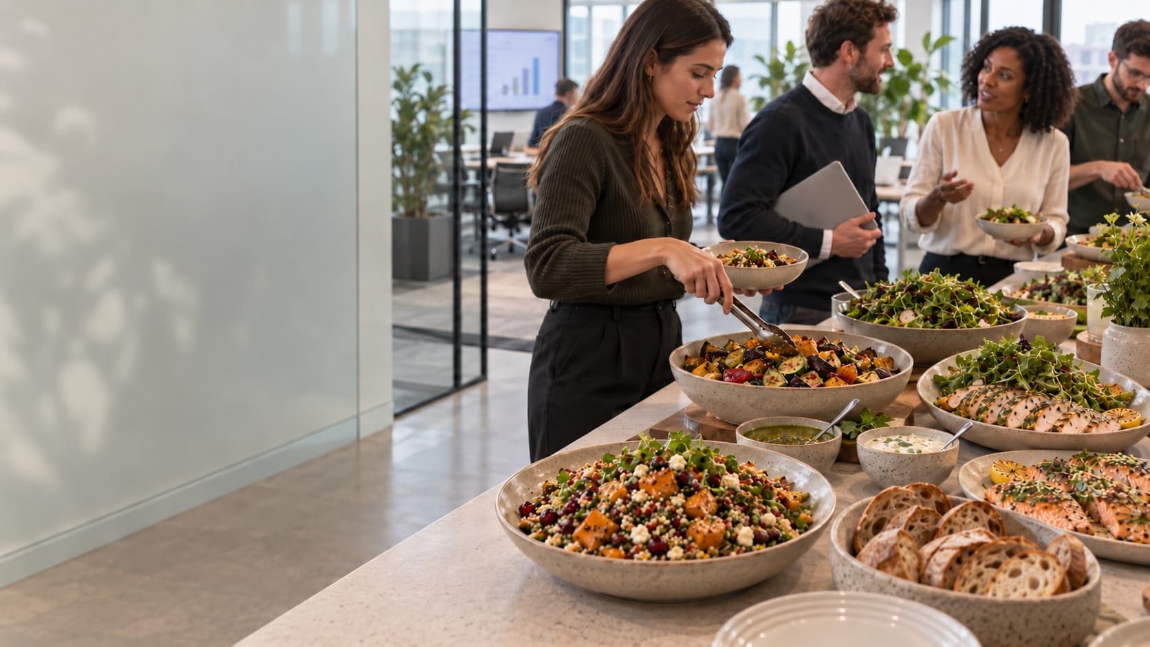 A corporate catering spread being served in an office