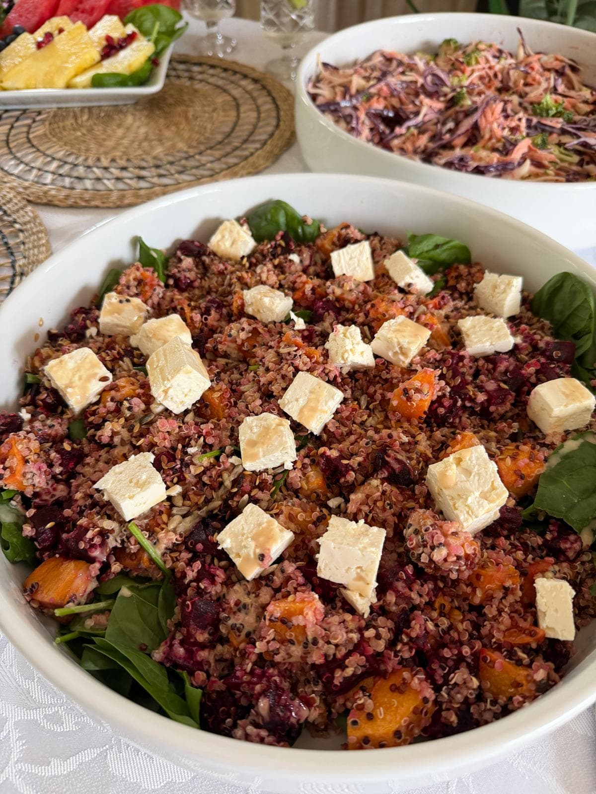 A beetroot quinoa salad with feta and spinach
